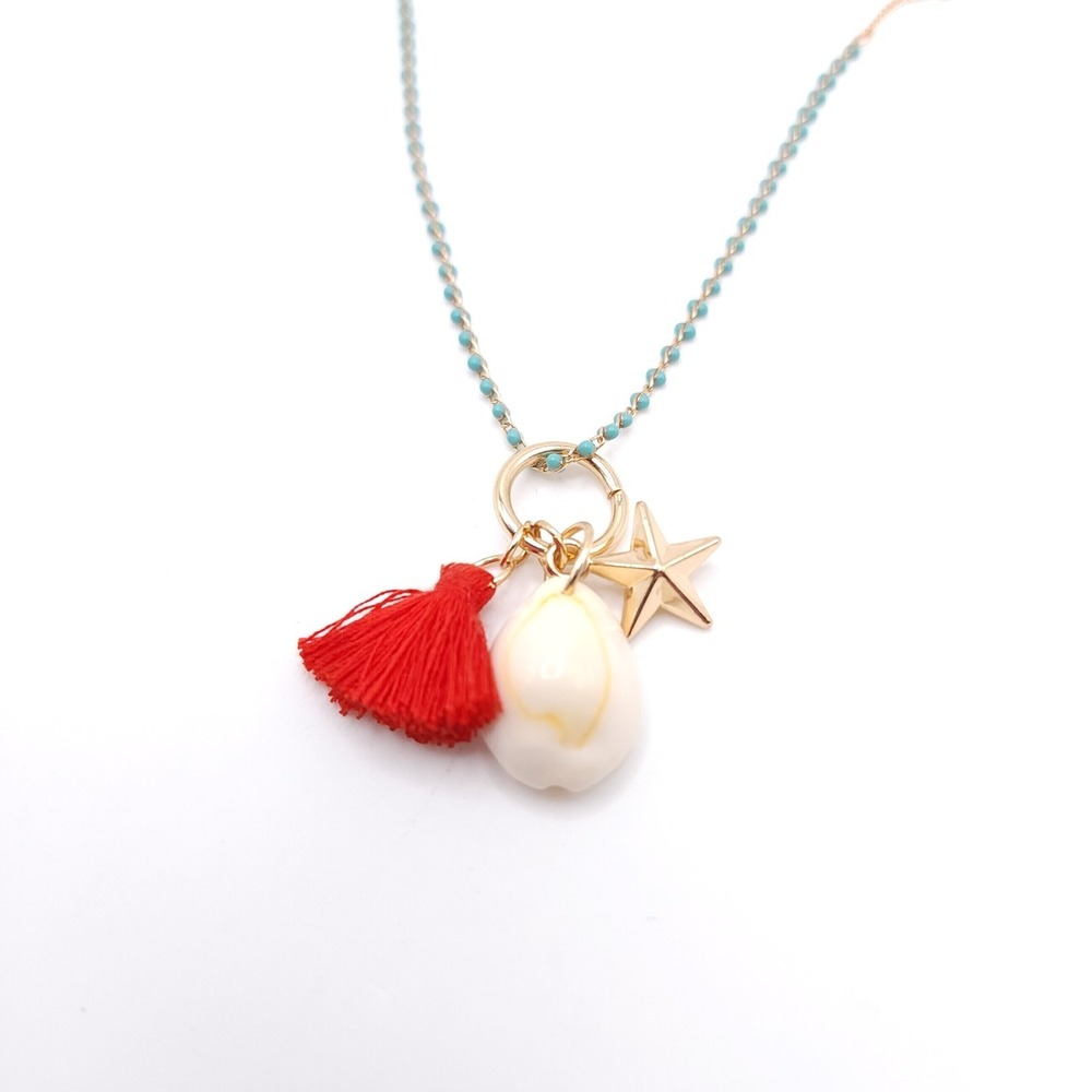 Fresh Produce Charm Necklace Star Shell Tassel Turquoise NWT - Picture 4 of 6